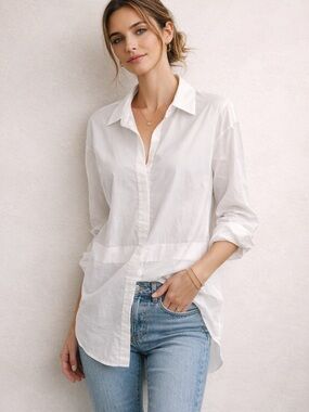 St. John White Button Down Blouse Tunic Length Lightweight Luxe Minimalist Top M